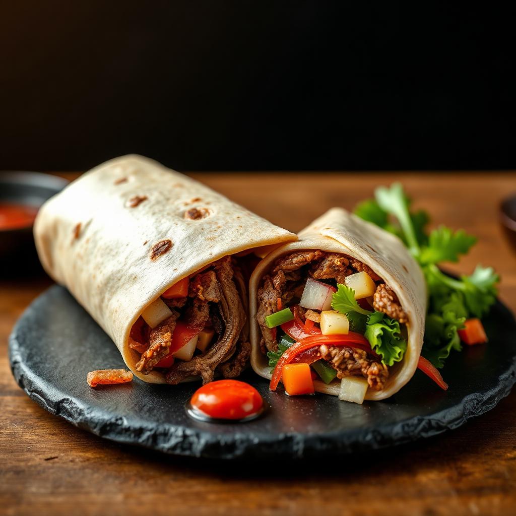 Dürüm im Yufka mit Drehspieß und Gemüse