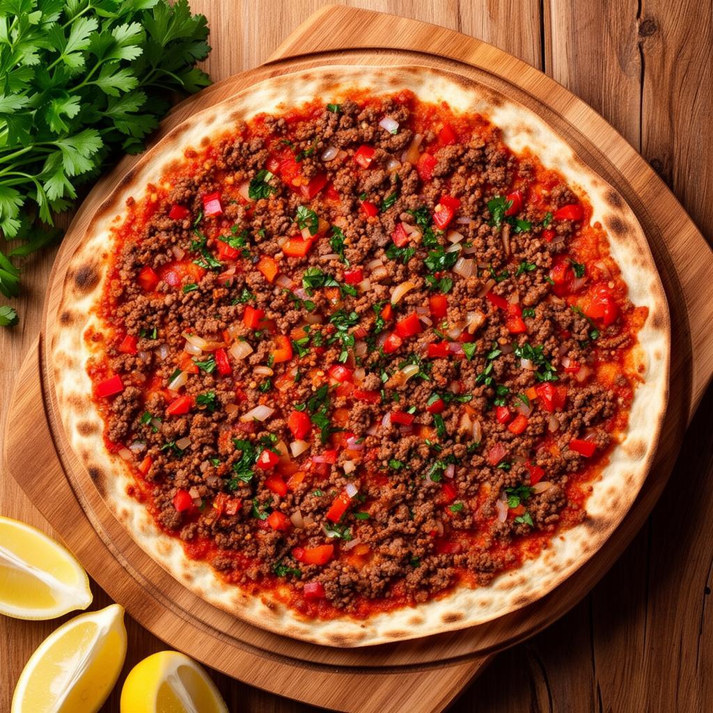 Lahmacun mit Hackfleisch, Zwiebeln und Petersilie